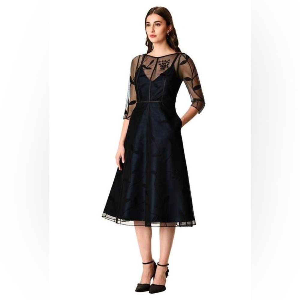 Floral Embellished Tulle Overlay And Dupioni Slip Dress